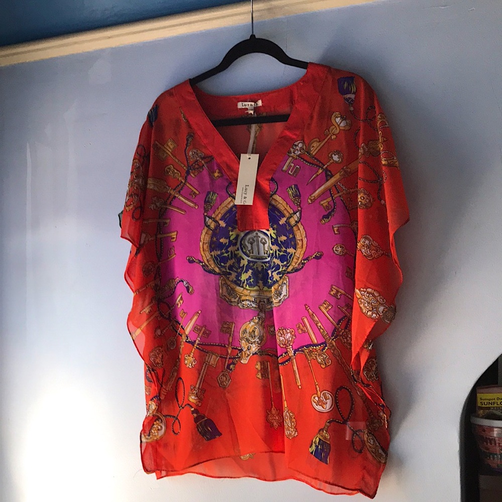 Sheer tunic style blouse, orange with blue, purple, and gold, Beach boho style.